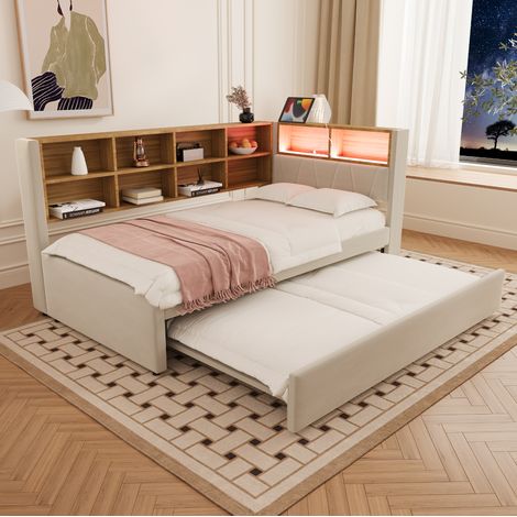 Letto singolo multifunzione moderno 90x200 cm con letto estraibile 90x190 cm, flanella beige, LED, USB e vani contenitore (1/5)