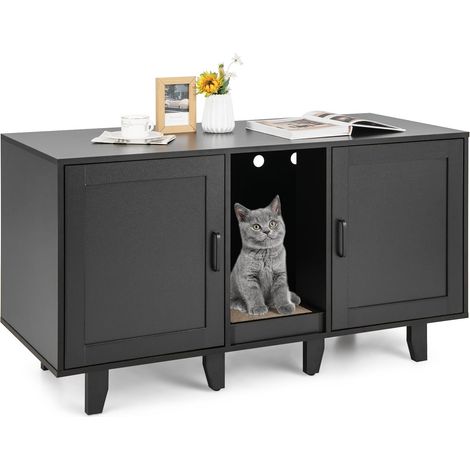 Katzenstreuschrank mit Kratzbrett, 2 Türen, Schwarz