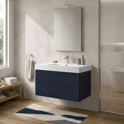 Mobile bagno sospeso 100 cm blu due cassetti push-pull e lavabo in resina Tierra (1/5)
