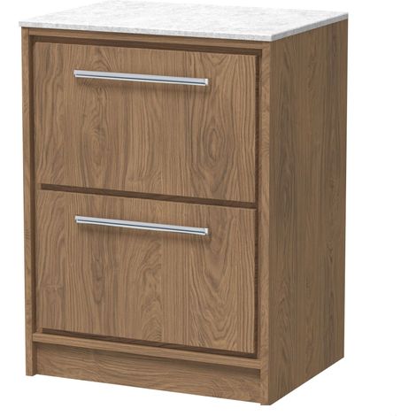 Longnor 2 Drawer Floor Standing Vanity Unit with White Marble Worktop, Antique Oak, 600mm