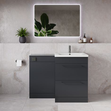 Napoli 460 Gloss Grey 1100mm 2 Drawer Vanity Unit Toilet Suite with Glide Basin - 1100mm - Gunmetal Grey 320mm HandleWithout Kingston Toilet Pan
