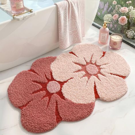 Tapis Salle de Bain Antidérapant Absorbant 50x80cm Rose Pâle Floral Tapis Douche Super Absorbant, Lavable en machine, Motifs 3D (1/5)