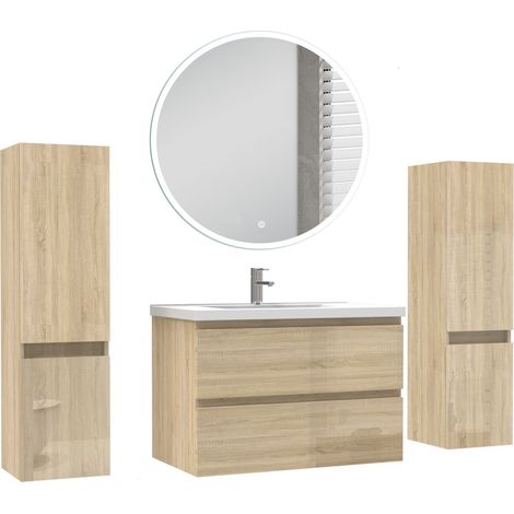 Ocean Ensemble de Meuble salle de bain 79cm + miroir led rond + 2 colonnes 110cm, Chêne Haut Brillant