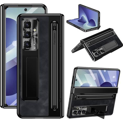 Custodia in pelle retrò con stilo e vetro protettivo esterno per Samsung Galaxy Z Fold 8 Ultra, colore nero. (1/5)