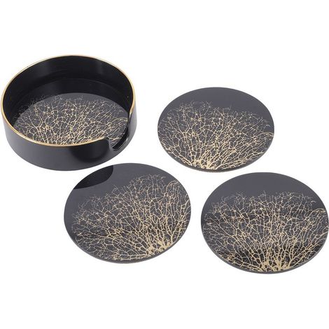 Coral Design Coasters (Set of 4) - GlaSS/Plastic - Black/Gold