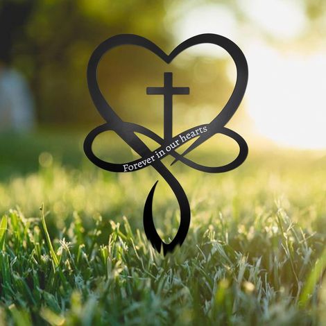 Croix en métal en forme de cœur infini, Piquet de jardin, Décoration commémorative « À jamais dans nos cœurs », Symbole chrétien d'amour (1/5)