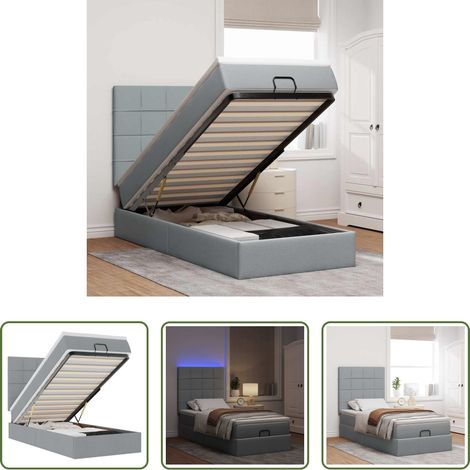 vidaXL LED-Beleuchtung - Ottoman-Bett mit Matratze & LEDs Hellgrau 100x200 cm Stoff (1/5)