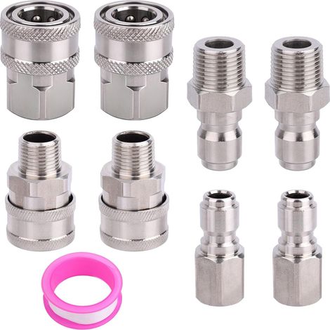 8pcs Kit Raccord Rapide Nettoyeur Haute Pression, 3/8 Pouce Acier Inoxydable Adaptateur Tuyau Rapide avec Ruban PTFE Raccord Fileté NPT Mâle et Femelle pour Nettoyeur Haute Pression (1/5)