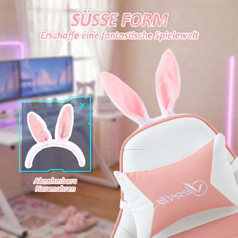 Fauteuil Gaming Ergonomique avec Support Lombaire, Repose-pieds, Coussin Oreilles de Lapin Rose (1/5)