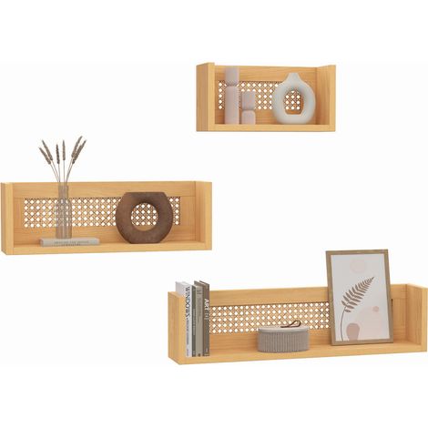 Set di 3 mensole da parete EDHEN in legno e canna 60/45/30 cm