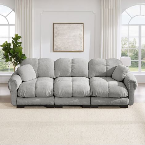 Divano Cloud a 3 posti in ciniglia grigio chiaro con 2 cuscini decorativi OKWISH (1/5)