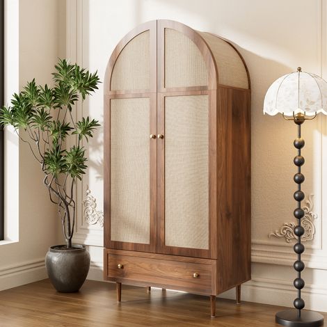 Armoire penderie 79x50x175 cm, dressing effet bois en MDF avec portes en tissu, tiroir inférieur, tringle et étagères