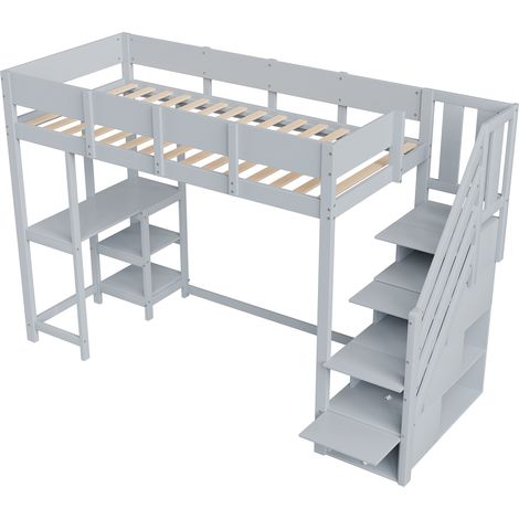 CAIziLit mezzanine multifonctionnel avec rangement et étagère, 90 x 200 cm, cadre en pin massif avec sommier à lattes, lit pour enfants et adolescents, gris