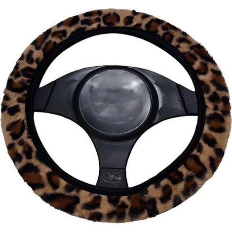 Coprivolante in peluche con stampa leopardata in stile invernale per volanti auto con diametro di 38 cm. Peluche senza anello interno, in microfibra, universale, bianco. (1/5)