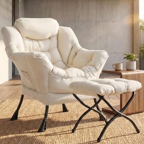 Relaxsessel mit Hocker, ergonomischer Sessel Wohnzimmer, Beige  Relaxsessel mit Seitentasche und Fußhocker, bequem, Polyesterbezug, 150 kg belastbar, für Schlafzimmer, Büro und Leseecke (1/5)