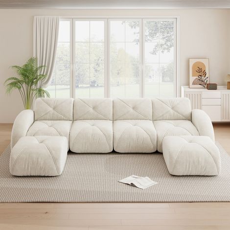 Canapé d'angle modulaire 4 places en U, 2 pouf, tissu Chenille doux, mousse 32D, Aucun assemblage requis, antidérapant, Animaux acceptés, blanc (1/5)