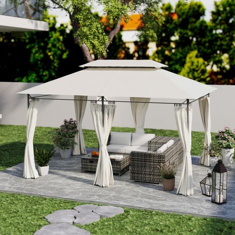 Tonnelle de jardin 3x4m avec rideaux amovibles, double toit et structure métallique, couleur crème (1/5)