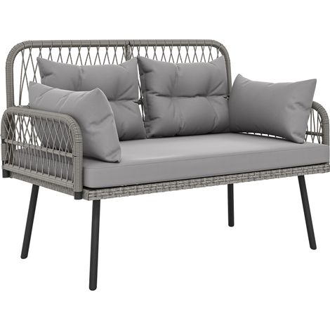 Gartensofa mit Kissen und Polstern, 2-Sitzer aus Kunstharzgeflecht, Outdoor-Sofa mit dunkelgrauen Armlehnen