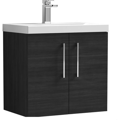 Balterley Contemporary Bathroom Wall Hung 2 Soft-Close Door Vanity Unit & Mid-Edge Basin, Charcoal Black, 600 mm