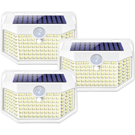 Solar Outdoor Garden Wall Light, Pack of 3, 120 LEDs, IP65 Motion Detector 8 m, Angular Shape, Lithium Battery, White Shell, Cold Light (1/5)
