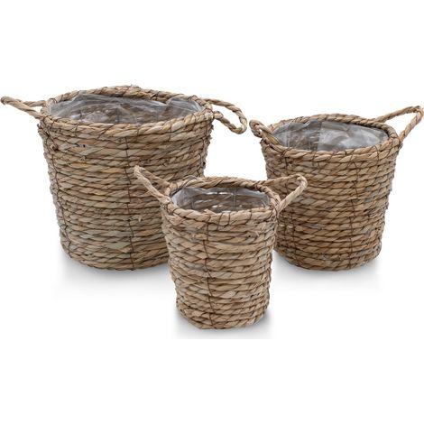 Panier à plantes en jonc de mer avec poignée en lot de 3 - environ 25 / 20 / 15 cm - panier avec film