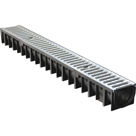 Caniveau d'évacuation en polypropylène avec grille acier galvanisée – Dimensions intérieures L 100 x H 90 mm – Norme A15 pour charges légères