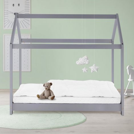 ML-Design Cama Infantil Casa Gris Claro 80x160 cm de Madera de Pino con Techo y Somier Estructura de Listones, Cuna de Suelo Maciza en Forma de Casita de Juego Juvenil Mobiliario para Niño y Bebé (1/5)