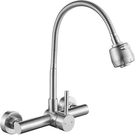 Küchenarmatur zur Wandmontage mit 8-Zoll-Mittelstück und flexiblem Sprüher, Mischbatterie aus Edelstahl, Spültischarmatur aus gebürstetem Nickel, bleifrei.