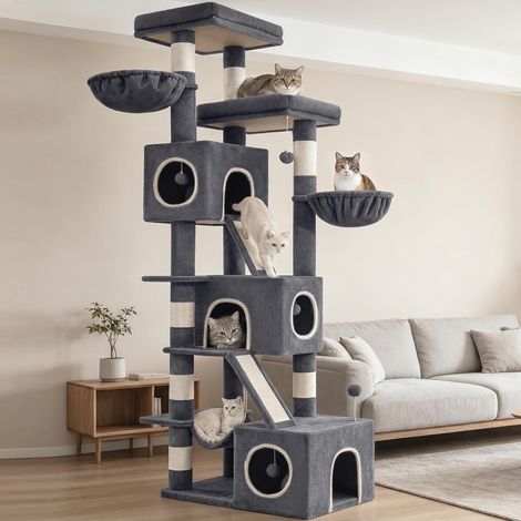 Arbre à Chat, XXL, Hauteur 209 cm, avec 7 Griffoirs, 3 Niches, 2 Plateformes, 2 Planche à Gratter, Panier, Hamac, Balle en Peluche, Arbre à Chat à Plusieurs Niveaux, Gris Foncé (1/5)