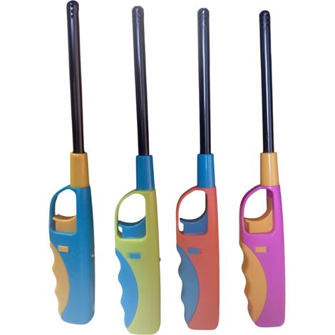 Set 4 Accendigas Ricaricabile a Fiamma per Cucina e Barbecue Lungo 26,5 cm con Tasto di Sicurezza Regolazione Fiamma e Finestra Livello Gas Impugnatura Ergonomica