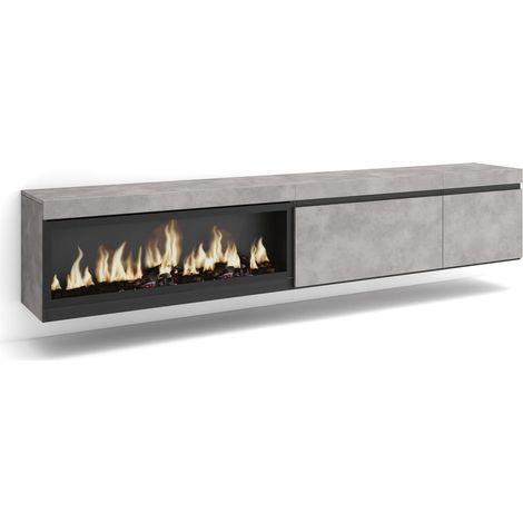 Skraut Home - Meuble TV, Banc Télé, Grand espace de Rangement, 237x45x35 cm, TV grand format, Cheminée électrique XXL, Suspendu, Mural, Style moderne, Gris Ciment (1/5)
