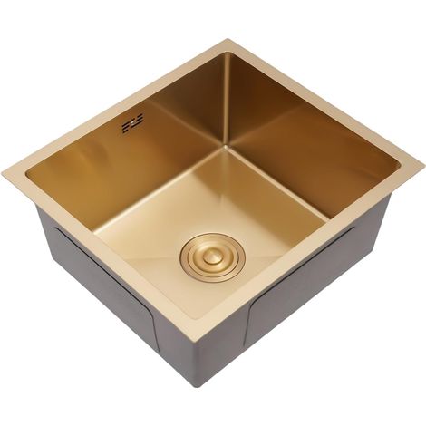 Évier de cuisine doré 50 x 45 cm, 1 bac avec revêtement par condensation, en acier inoxydable, profondeur 20 cm, Évier Cuisine avec 2 tuyaux d'évacuation (1/5)