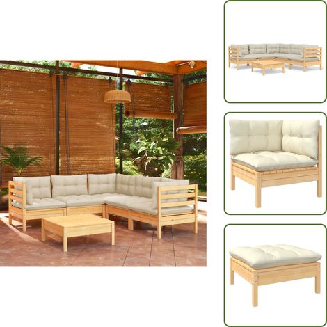 6-tlg. Garten-Lounge-Set mit Creme Kissen Massivholz Kiefer - Gartengeräte - Lounge Set - Gartenmöbel - Outdoor Möbel - Kiefernholz (1/5)