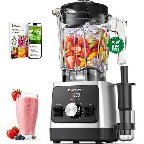 Blender Électrique Haute Performance 1800W avec Bol Tritan 2L Sans BPA, 6 Lames Inox Revêtement Titane, 9 Vitesses et 5 Programmes, Smoothies, Glace Pilée, Soupes, Sauces, Noir/Argent