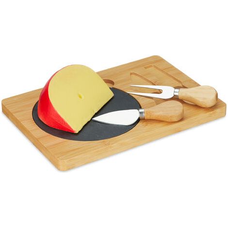 Relaxdays Lot plateau à fromages & couteau, planche bambou, surface en ardoise & couverts, LxP: 25x17 cm, nature - noir (1/5)