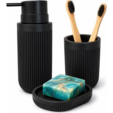 Relaxdays Bathroom Accessories, 3-piece set, soap dish, soap dispenser, toothbrush cup, polyresin, bathroom set, black (1/5)