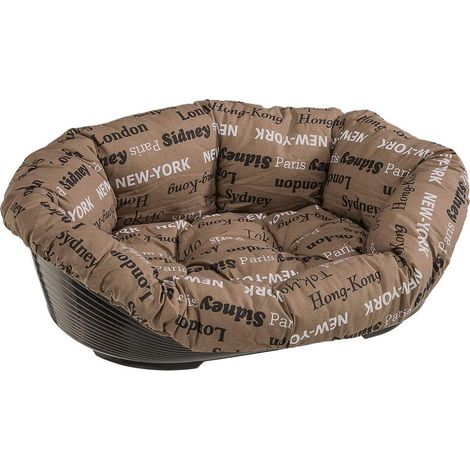 Panier Chien avec Coussin 12 en Coton Lavable, Lit pour Chien en Plastique Rembourré, Corbeille en Plastique et Coussin pour Chien, Fond Perforé et Appui-Tête, Antidérapant, 114 x 83 x h 37 cm, Marron (1/4)