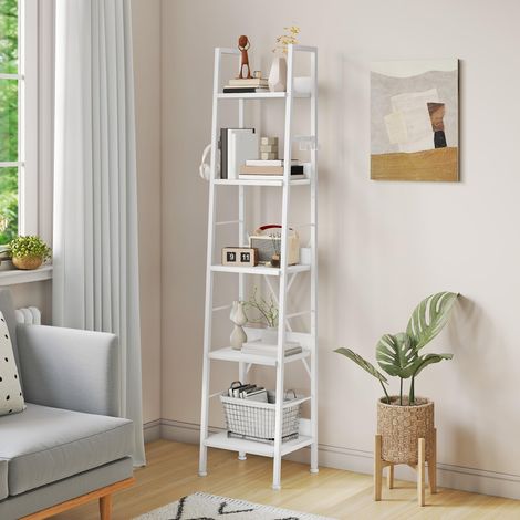Bibliothèque étroite à 5 Niveaux de 35 cm de Large, échelle Industrielle, sur Pied, étagères en Bois et Cadre en métal, étagère Moderne pour Salon, Bureau, Blanc Pur (1/5)