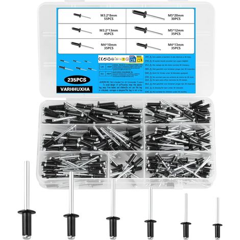 Rivets Pop, 235 Pcs, 3.2-5mm, Aluminium, Tête Large (1/5)