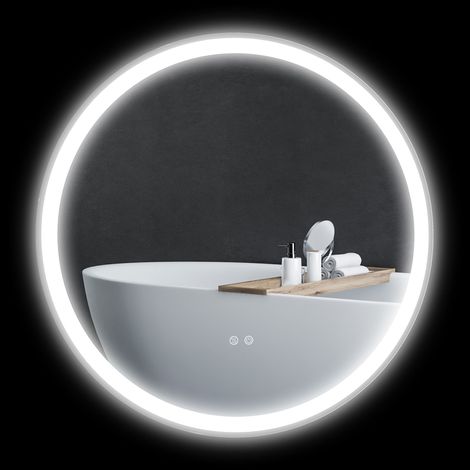 Runder, LED-beleuchteter Badezimmerspiegel Ø 80 cm zur Wandmontage mit 3-farbiger Beleuchtung, Touch-Schalter, 46 W, weiß/silber