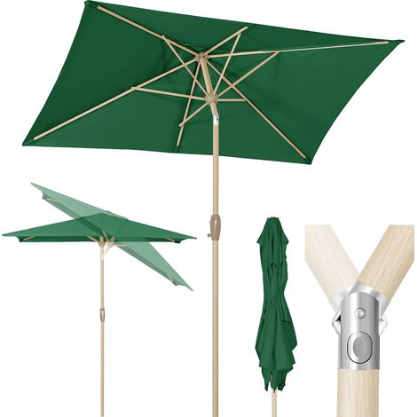 Sekey 210 x 140cm Aluminium Sonnenschirm Rechteckig Balkonschirm UV50+, Gartenschirm in Holzoptik, Marktschirm rechteckig, mit Kurbel, Grün