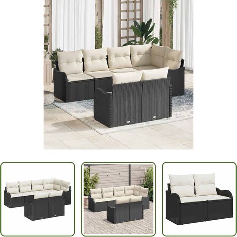 Canapé en rotin - Ensemble de canapé de jardin avec coussin 7 pcs Noir Poly rotin (1/5)