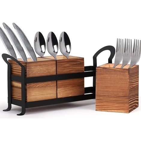 3 Pièces Range-Couverts en Bois et Métal, Porte-Couverts en Bois pour Table, Panier Cuillères avec Support Métallique, Organiseur Décor de Table pour Cuisine Marron (1/5)