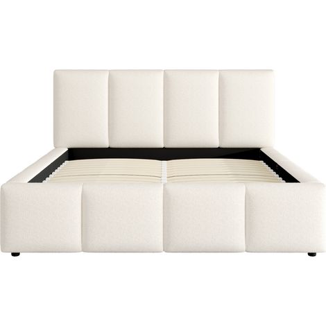 Letto matrimoniale 180 x 200 cm in bouclé beige con rete a doghe e testiera imbottita (1/5)