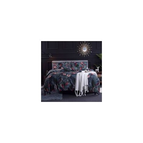Housse de couette 200x200 cm réversible bleu nuit – Parure de lit motif fleurs roses – 2 taies d'oreiller 50x75 cm avec fermeture éclair