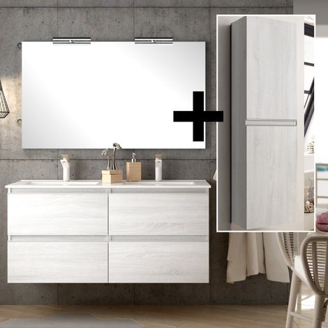 Ensemble meuble de salle de bain 140cm double vasque + colonne de rangement - hibernian (bois blanchi) - BALEA (1/5)