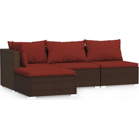 Salon de jardin 4 pcs Mobilier de jardin avec coussins Marron Résine tressée (1/5)