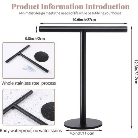 Porte-Serviettes Sur Pied - Acier Inoxydable 304 Brossé - 13 Pouces - Pour Salle De Bain Et Cuisine - Noir (1/5)