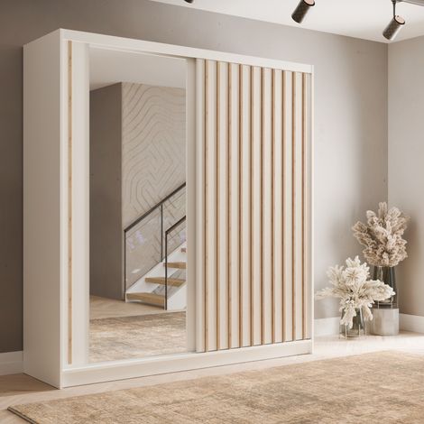 Armoire dressing coulissant blanc et bois 205cm CELIA (1/4)
