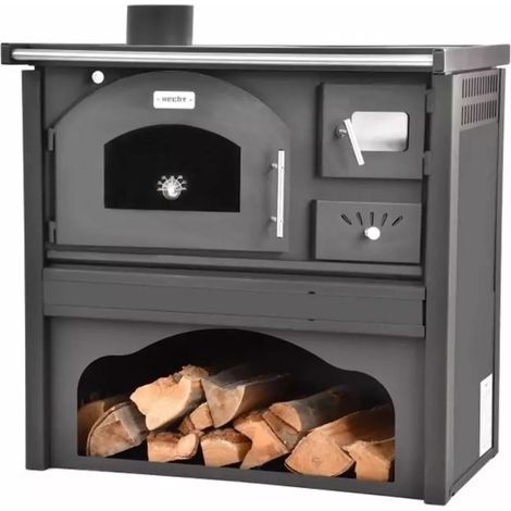 Stahl Kaminofen mit Backofen und Sichtfenster, 5,7 kW, grau (1/2)